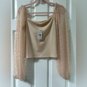 Lush Cream Crop Blouse with Sheer Sleeves